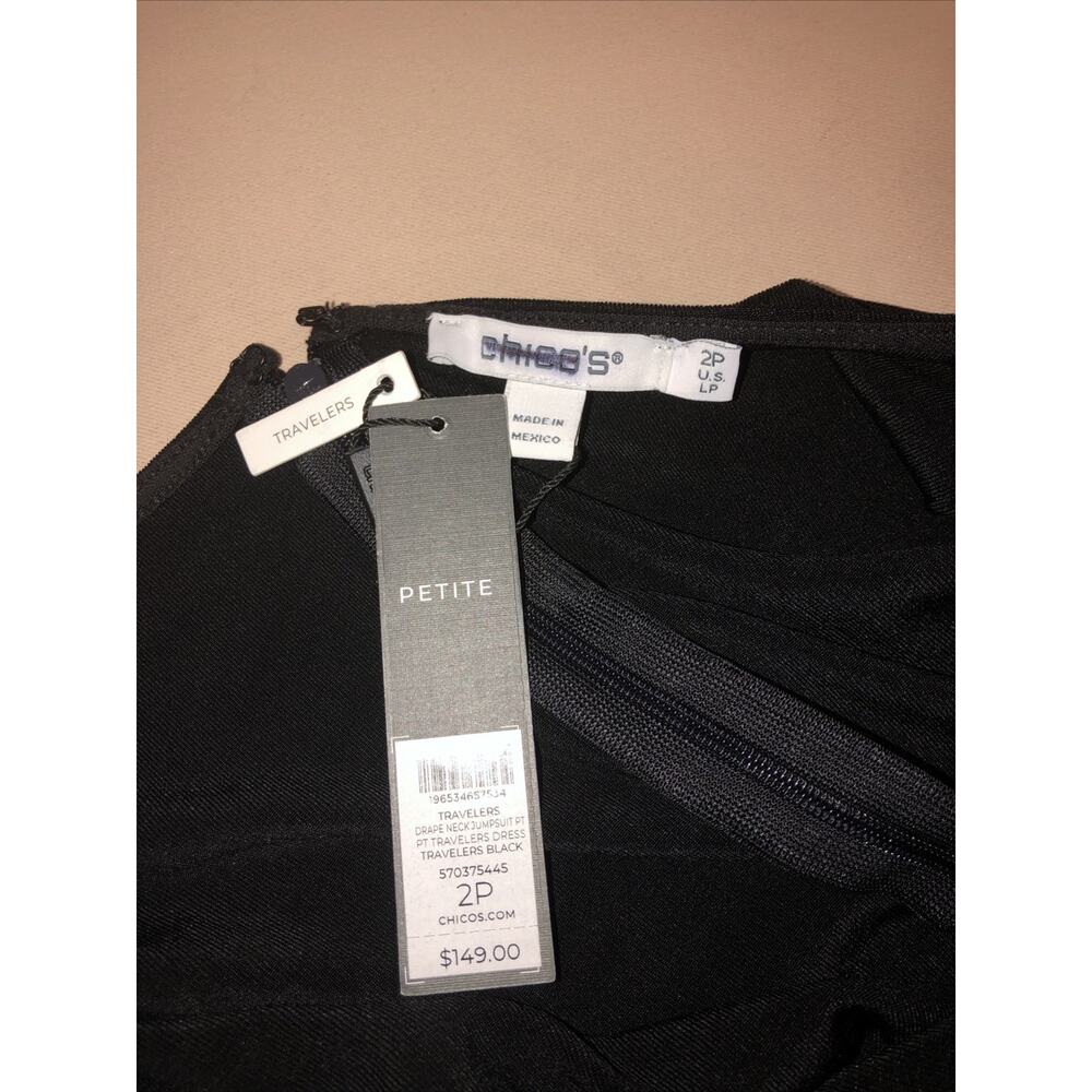 Chico’s Travelers 2P Black Sleeveless Wide Leg Jumpsuit Drape Neck‎ Rhinestone - Picture 7 of 12